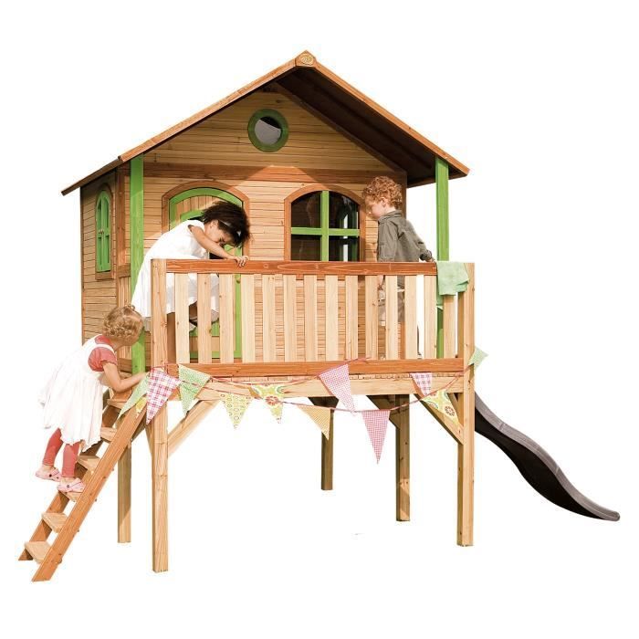 Casita de juegos infantil con tobogán - AXI - Sophie - Madera maciza - Gris - Para uso exterior