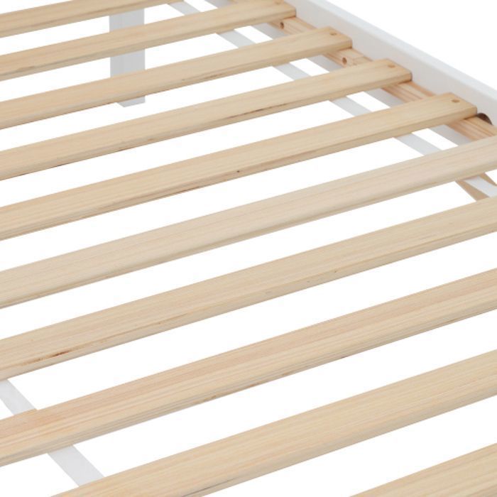 Cama individual de 90x200 cm, cama de adulto con cabecero, estilo blanco con bloques de color, estructura con pata central, MDF