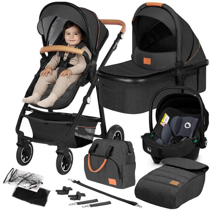 Poussette combinée 3en1 LIONELO Amber - Pack poussette canne, Nacelle, Siege auto, sac et accessoires - Gris foncé