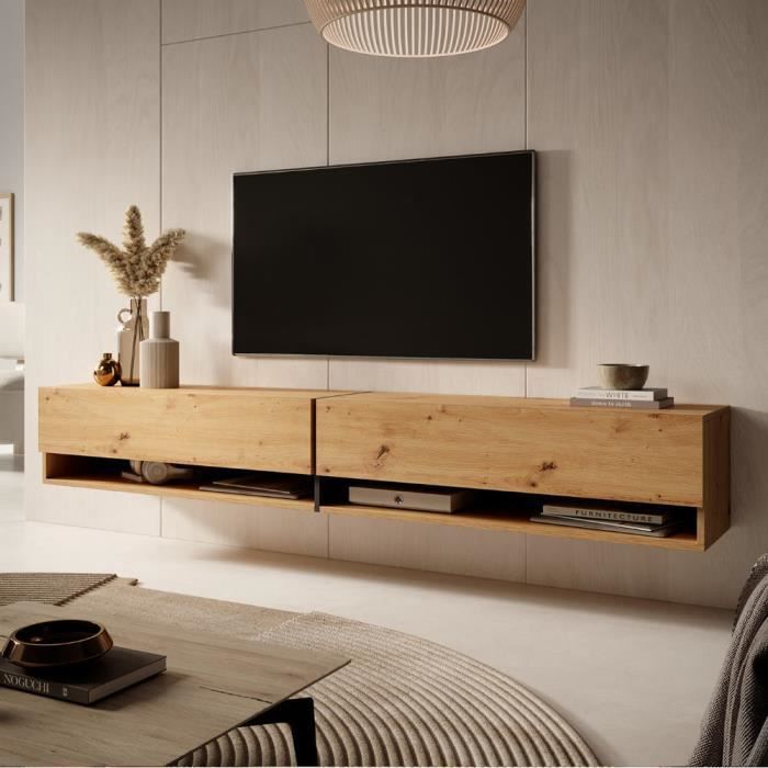 Mueble para TV - SELSEY - MIRRGO - 200 cm - roble artesanal - inserción de grafito