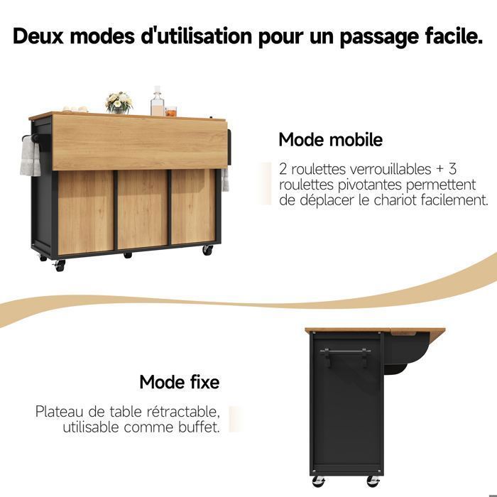Carrito de cocina - Isla de cocina con ruedas giratorias de 360°, 4 cajones, estantes ajustables y gran capacidad de almacenamiento - Negro
