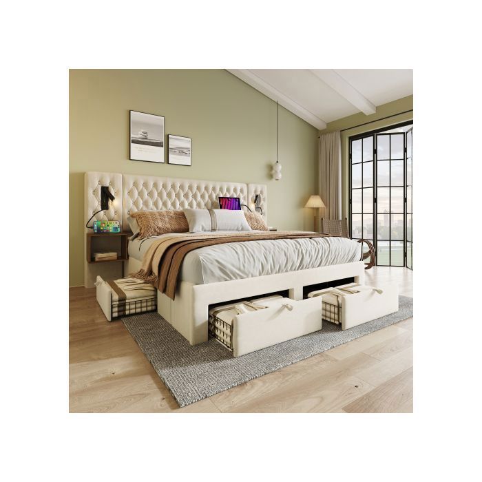 Letto contenitore 180x200 cm, letto matrimoniale con contenitore integrato, rivestimento in velluto, ripiani laterali, porte USB