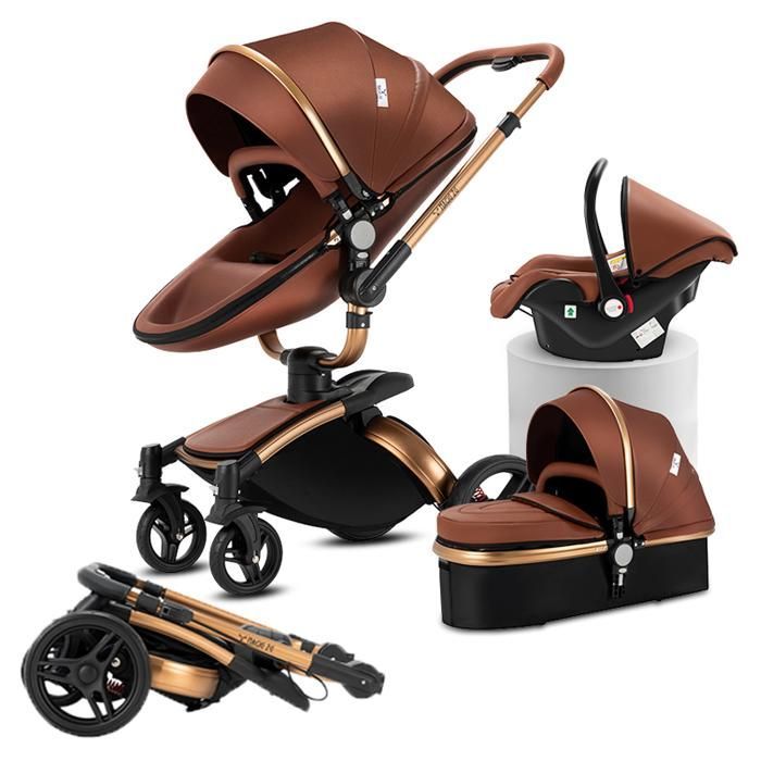 Cochecito Magic ZC 3 en 1, cochecito triple 3 en 1, piel sintética, rotación de 360°, plegado con un solo clic, diseño horizontal alto, color naranja.