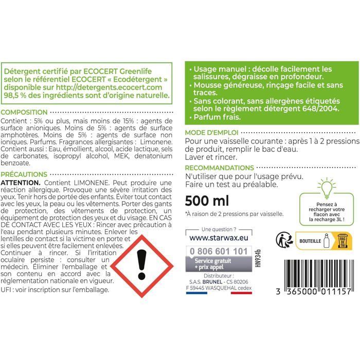 Liquide vaisselle concentré Ecocert 500ML Idéal pour dégraisser en profondeur et décoller facilement les salissures de la vaisselle