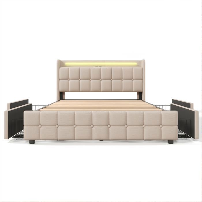Cama de 160x200 cm con iluminación LED y 4 cajones, cama Queen de 160x200 cm con somier de láminas y puerto USB, cama para adultos en tela de lino, color beige.