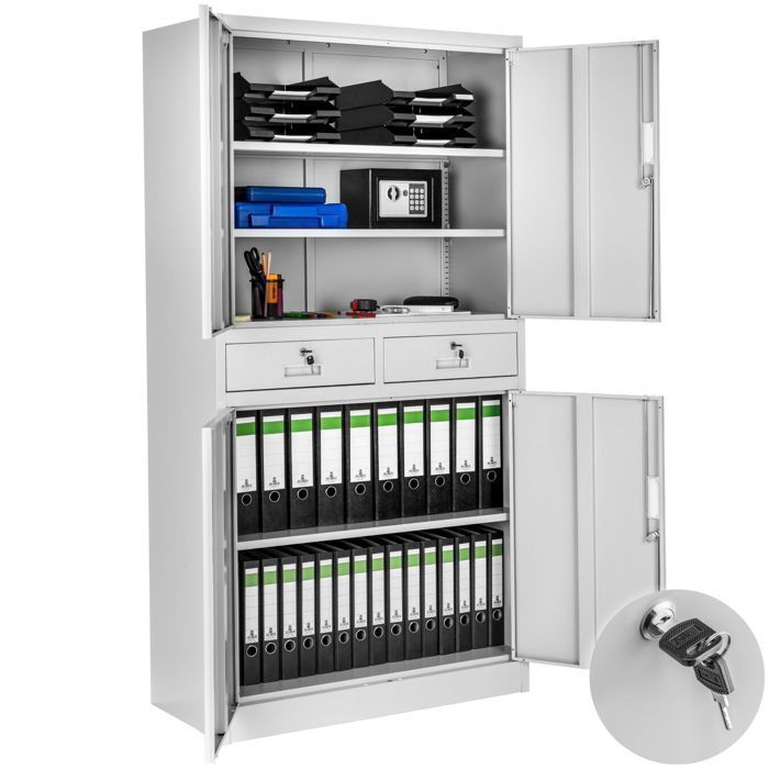 Office storage - TECTAKE - COSMO lockable metal filing cabinet with 2 drawers - 40 x 80 x 180 cm - Light Grey