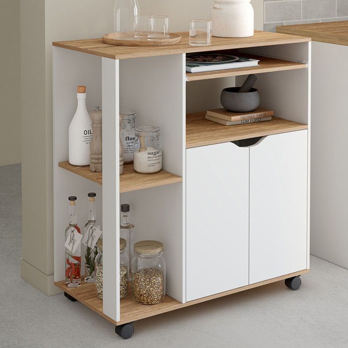 Carrito de cocina IDMARKET COSI, madera blanca con estantes efecto haya, 76 cm de largo.