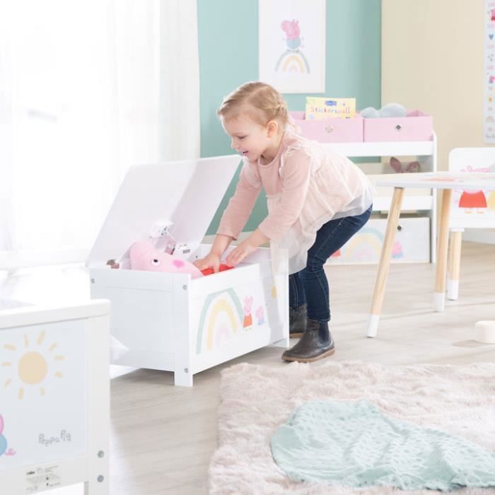 ROBA Peppa Pig Coffre à Jouets en Bois - Couvercle Rabattable - Motif de la Truie - Rose / Blanc