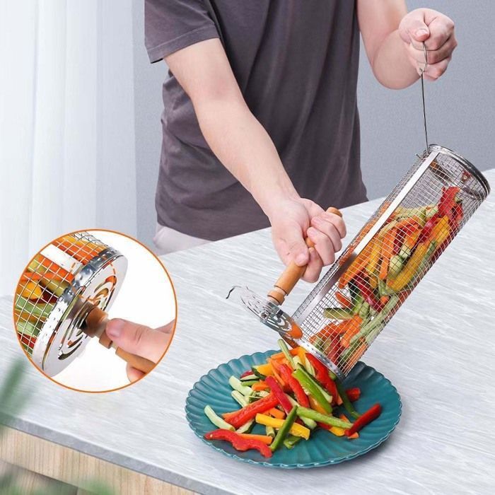 Accesorios para barbacoa - Juego de 2 cestas para barbacoa con asas de madera extraíbles, cestas cilíndricas para asar.