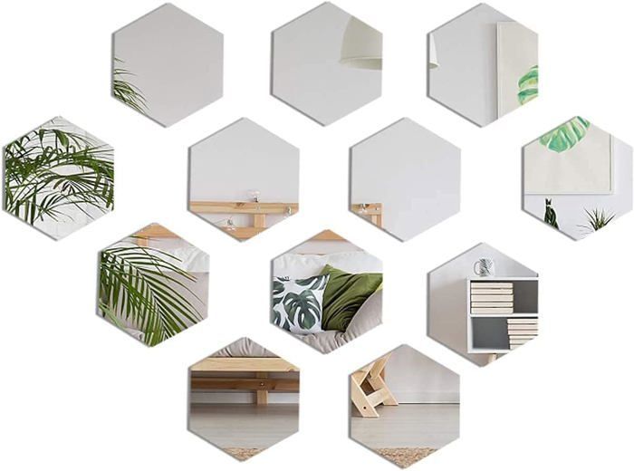 Espejos de pared autoadhesivos, 12 pegatinas de espejo acrílico, pegatinas hexagonales removibles para decoración de fondo de TV.