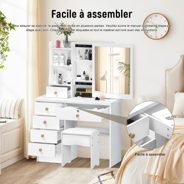 Schminktisch mit Spiegel – Curfair – mit 1 Hocker, 6 Schubladen, 5 Ablagefächern, Weiß, 80 x 37 x 122 cm