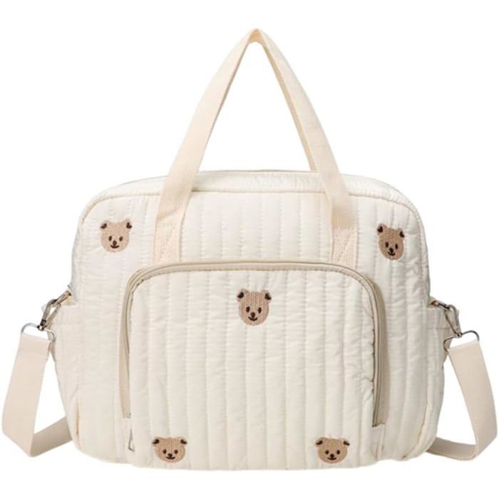 Large Quilted Bear/Flower Diaper Bag, Multifunctional, Adjustable Shoulder Strap, Cotton, Diaper Pouch.