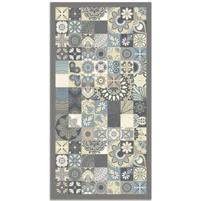 Tapis Vinyle Panorama Carreaux Ciments Cuisine Bleu 60x200 cm - Tapis pour Cuisine, Bureau et Salon en PVC