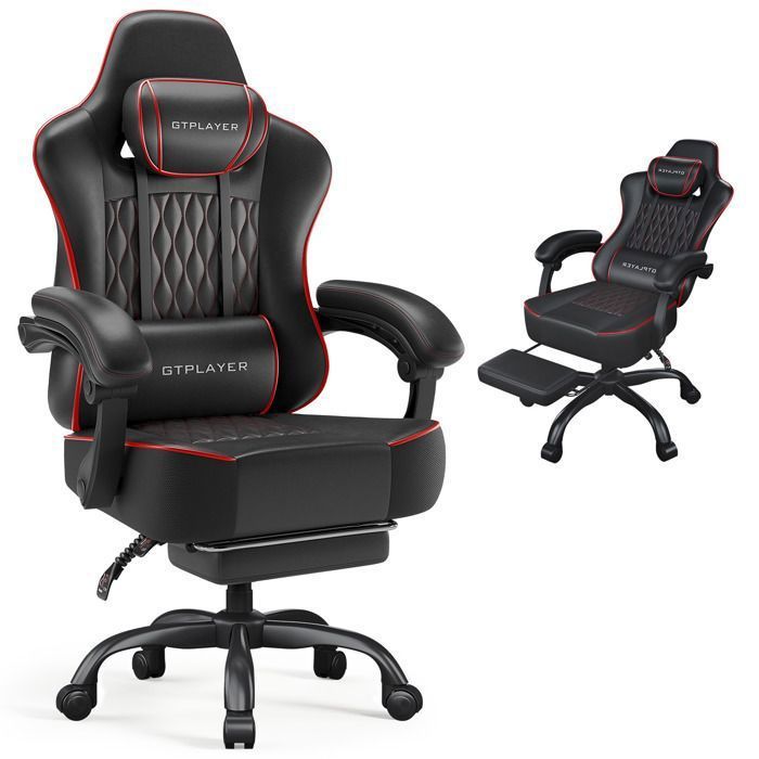 Silla gaming ergonómica, sincronizada, reposabrazos ajustables, cojines lumbares/para la cabeza, asiento de tela gruesa - Negro Rojo