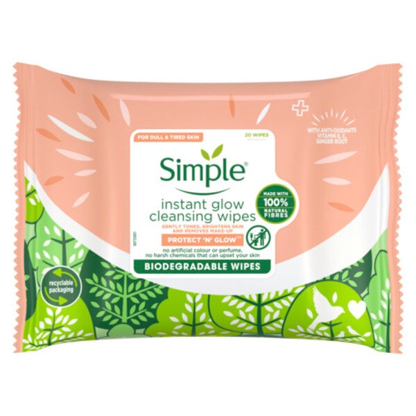 Toallitas biodegradables Simple Protect N Glow con brillo instantáneo (20 unidades)