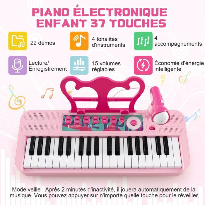 Piano infantil – DREAMADE – Teclado de 37 teclas para niños – Micrófono – Taburete cómodo – Atril extraíble – Rosa