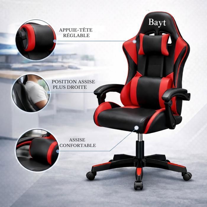 Bayt Chaise Gaming Ergonomique - Accoudoirs Réglables - Hauteur Ajustable - Dossier Inclinable - Noir