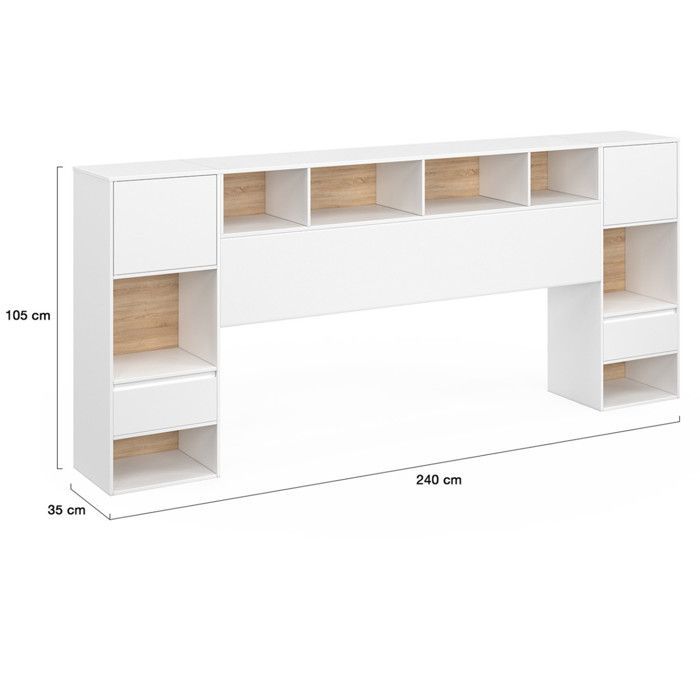 Cabecero independiente IDMARKET CAMPHA de 240 cm con mesitas de noche, cajones, armarios y nichos en madera y blanco.