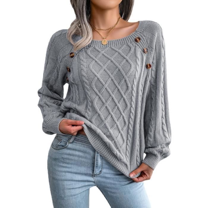 Jersey de punto gris para mujer - Estilo casual de otoño/invierno - Cuello cuadrado con botones - Cierre de botones