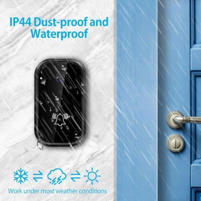 Timbre inalámbrico exterior resistente al agua (IP44), indicador de temperatura, alcance de 150 m, 38 melodías, 4 niveles de volumen.