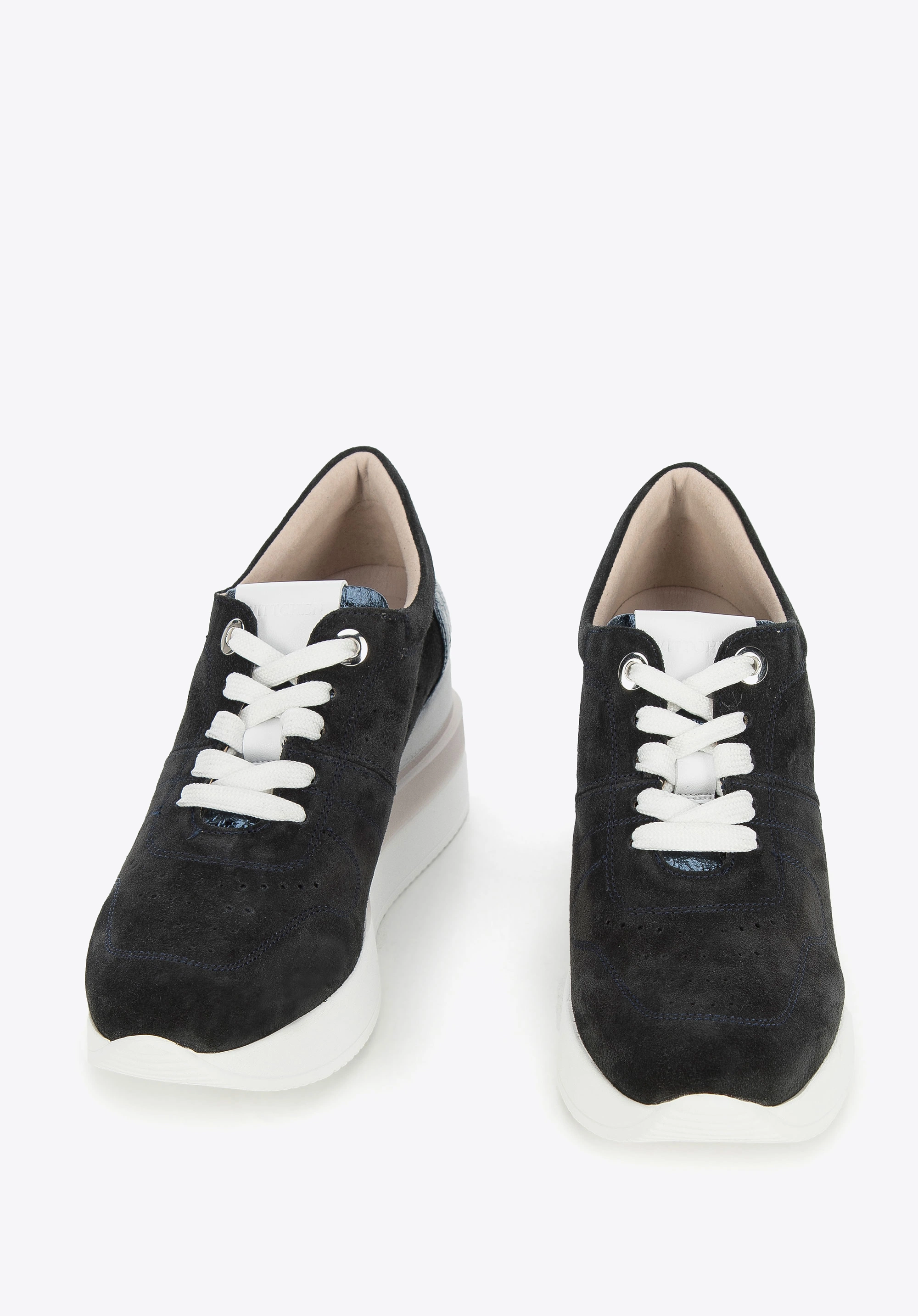Damskie sneakersy zamszowe na koturnie w pasy ciemny granat