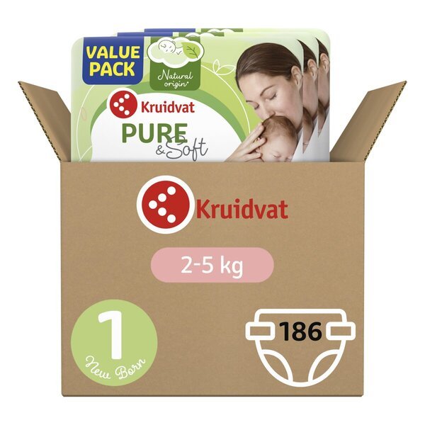 „Kruidvat Pure & Soft“ naujagimio sauskelnės, 1 dydžio, didelės talpos dėžutė, 1 dydis (2–5 kg), 186 vnt.