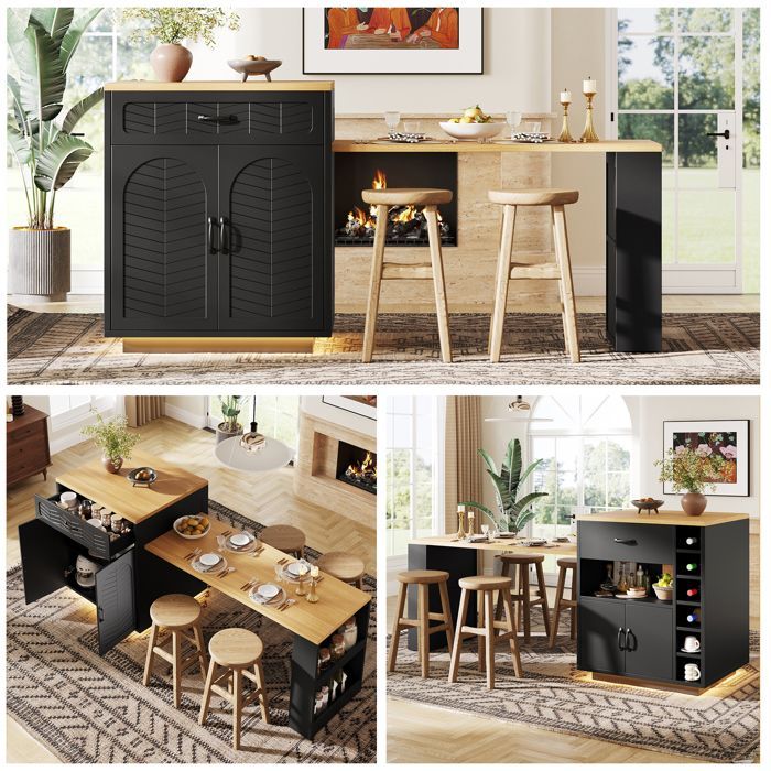 Ilot central de cuisine avec table à manger extensible, Table de bar moderne avec 2 tiroirs 4 portes- 60-113×70×95.5cm - MDF - noir
