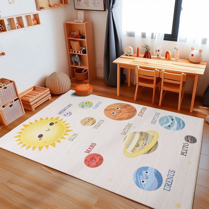 Carpetsale24 Tapis enfant motif planètes couleur beige 80x120 cm tapis chambre enfant tapis chambre bébé