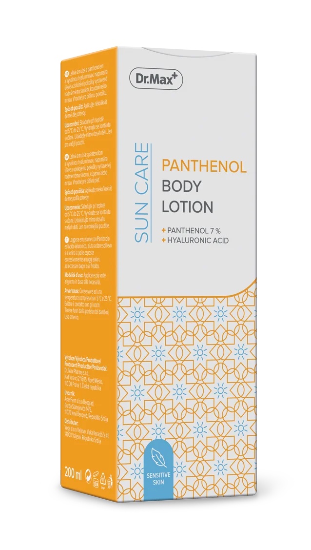 Loción corporal DR. MAX con pantenol, 200 ml, hidratante y calmante.