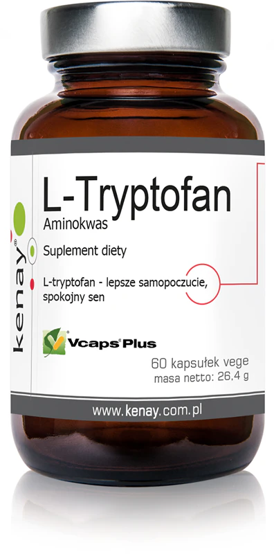 Cápsulas de suplemento alimentar Kenay L-Triptofano para alívio do estresse e bem-estar mental.