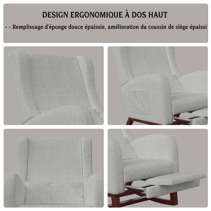 Chaise à Bascule - SOMUBI - Rocking Chair - Tissu Gris - Repose-jambes Télescopique - Poches de Rangement