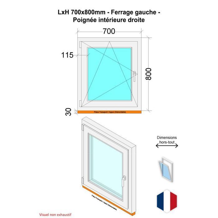 Fenêtre PVC - Triple vitrage - Tirant Gauche - Blanc - LxH : 700x800 mm