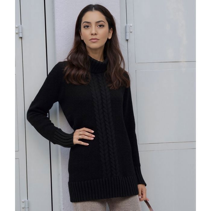 Pull femme col roulé - JESSY LINE - Noir - Long torsadé - Manches longues - Taille S/M