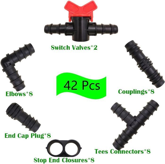 Kit de Raccord d'Irrigation, connecteurs de tuyau d'irrigation 16 mm, pour systèmes d'arrosage goutte à goutte, jardin (42 pcs)