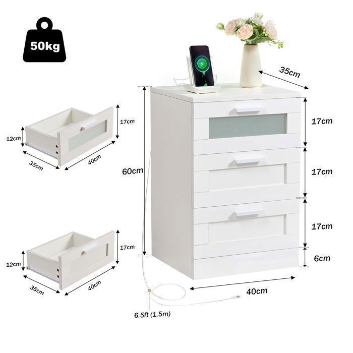 Mesa de cabeceira com 3 gavetas, mesa de cabeceira com iluminação LED e portas USB e Tipo-C, para quarto e sala de estar (1, branca)