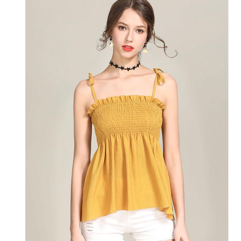T-shirt da donna Vogue Primavera Estate Senza maniche Sling Wooden Ear Sweet Tops Casual Plissettato Joker Clothes Tee Shirt Femme 8 Color