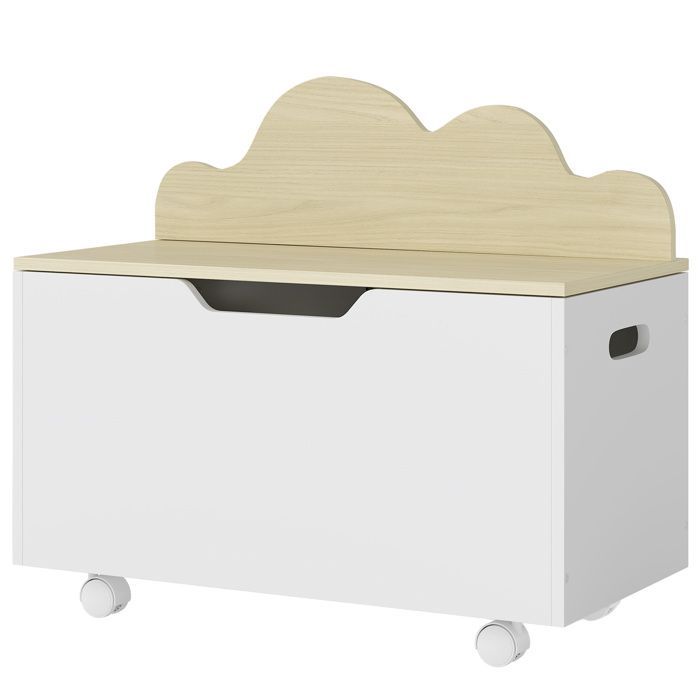 Cassapanca portagiochi per bambini - AIYAPLAY - su ruote - coperchio incernierato - cerniere di sicurezza - MDF - 59 x 30 x 53 cm - bianco