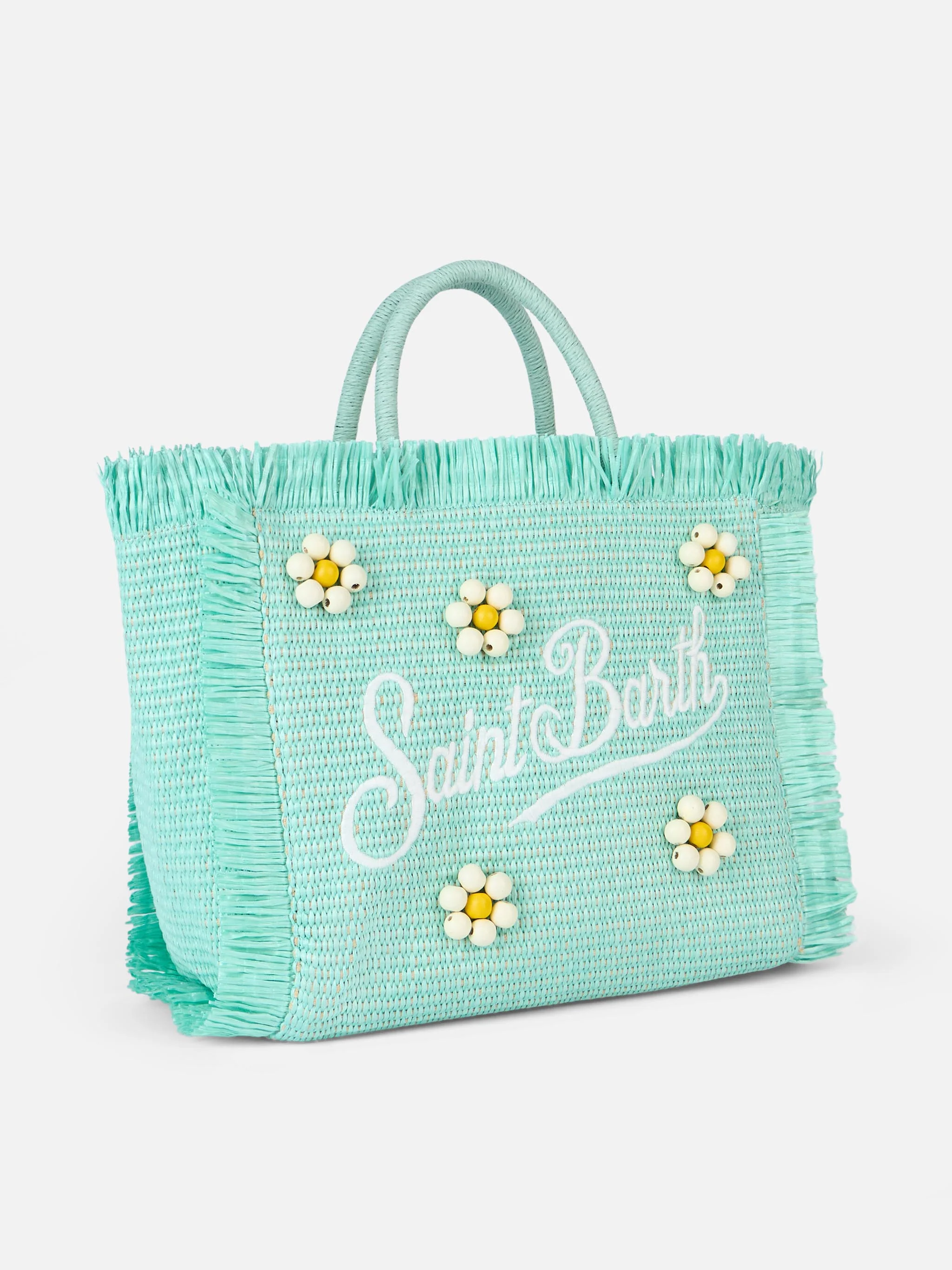 Colette rieten handtas in watergroen | Logo-borduurwerk | Witte en gele houten kralen in de vorm van bloemen, ritssluiting, afneembare schouderband | MC2 Saint Barth