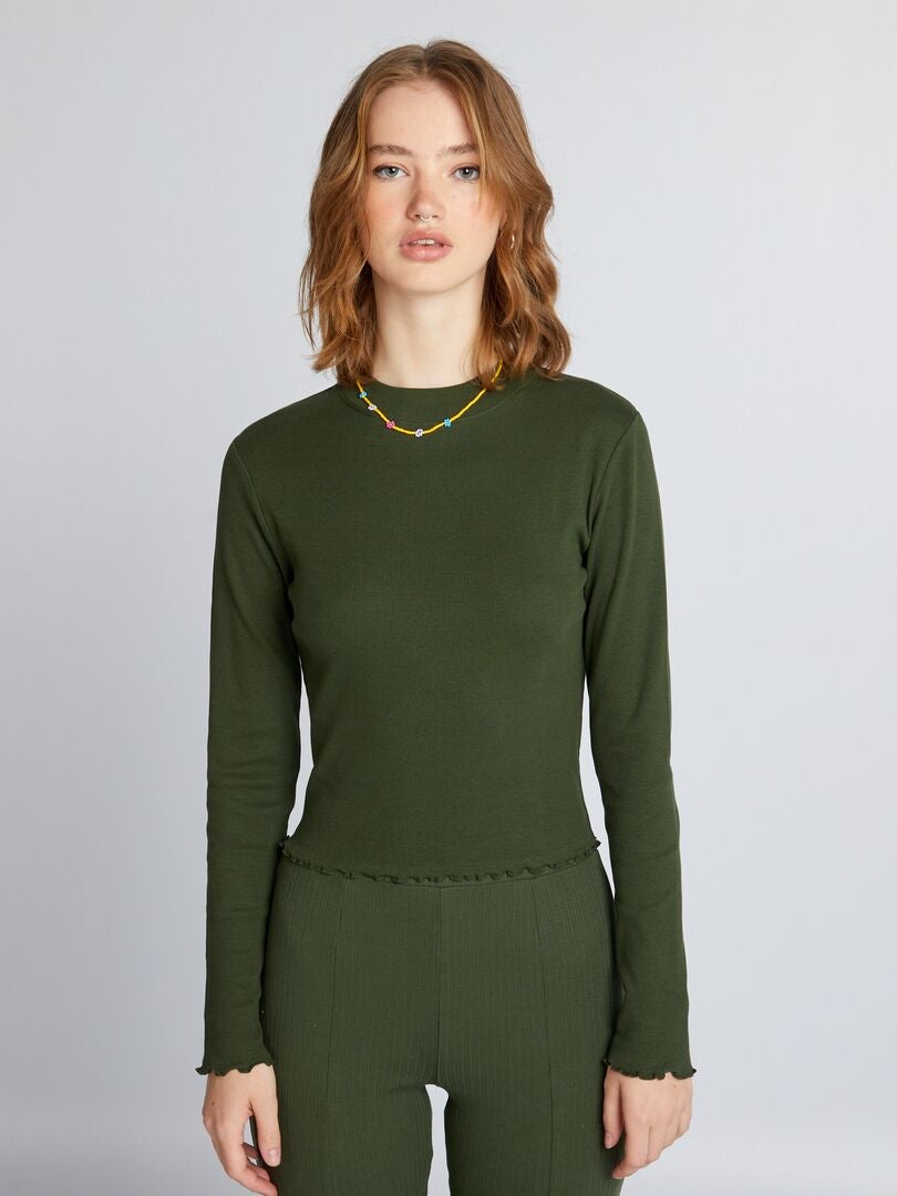 Geribbelde coltrui T-shirt - GROEN