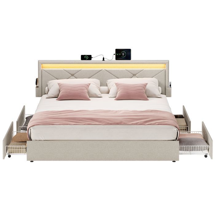 Letto matrimoniale - VASAGLE - Illuminazione LED integrata - 4 cassetti - Beige cappuccino