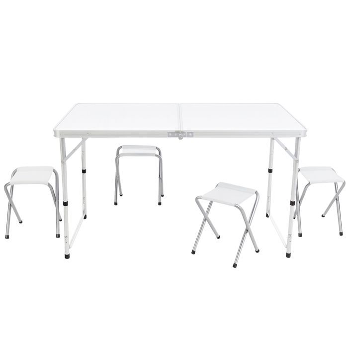 Folding Camping Table with 4 Stools, 120 x 60 cm, Adjustable Height 54/61/70 cm, White MDF Tabletop, Aluminum Frame