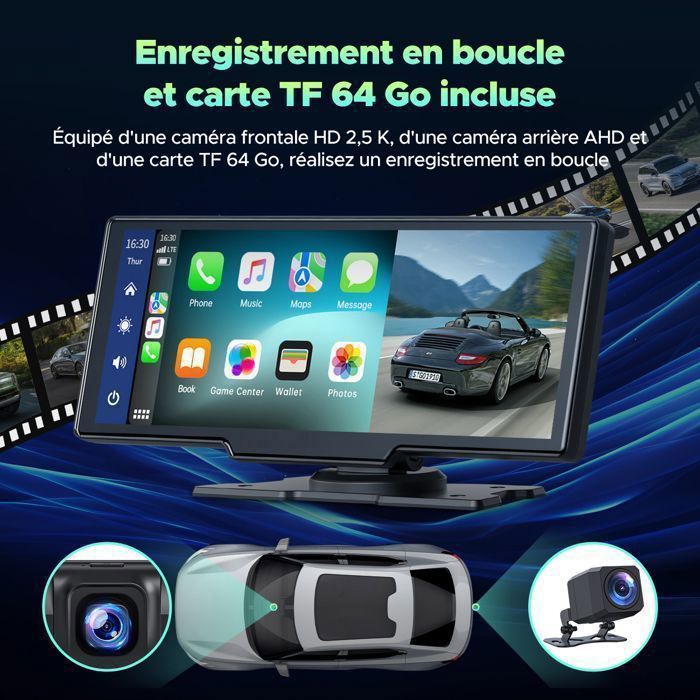CAMPARK Auto Radio de 10'' con Carplay inalámbrico, cámara frontal 2.5K+1080P y cámara trasera con pantalla táctil para Apple Carplay/Android Auto.