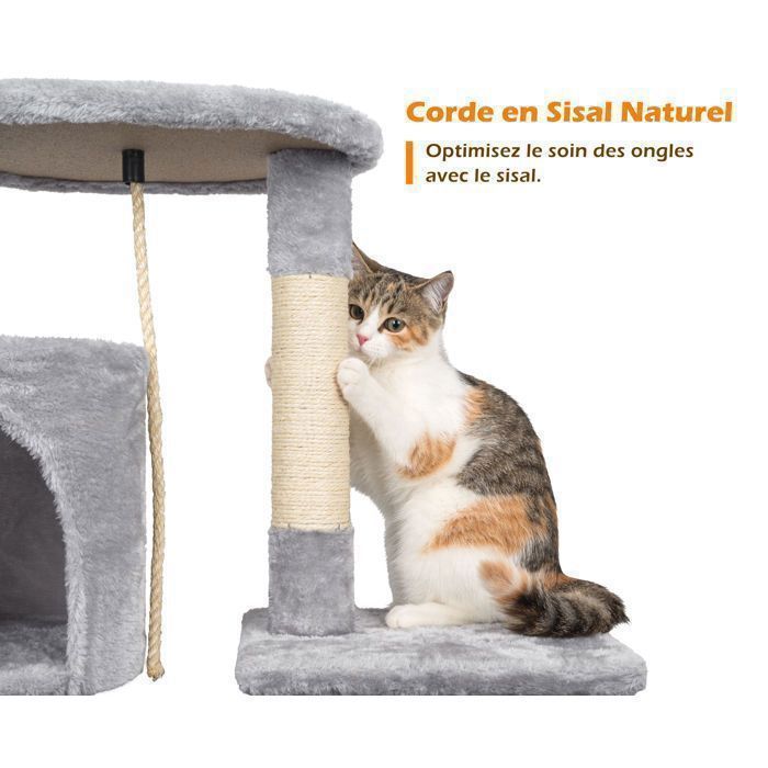 Gris Arbre à Chat,112cmTour de Jeux Stable pour Chat,Arbre à Grimper Multi-Niveaux avec4Poteaux en Sisal,3Plateformes