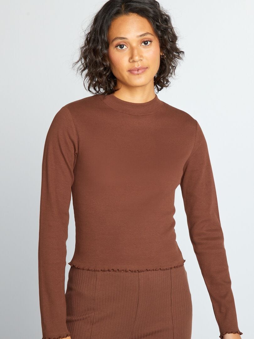 Geribbelde coltrui T-shirt - BRUIN