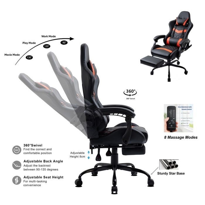 Cadeira Gamer Ergonômica em Couro Sintético com Apoio para os Pés e Massagem de 6 Pontos, Encosto Reclinável, Base de Metal, Vermelha Delman