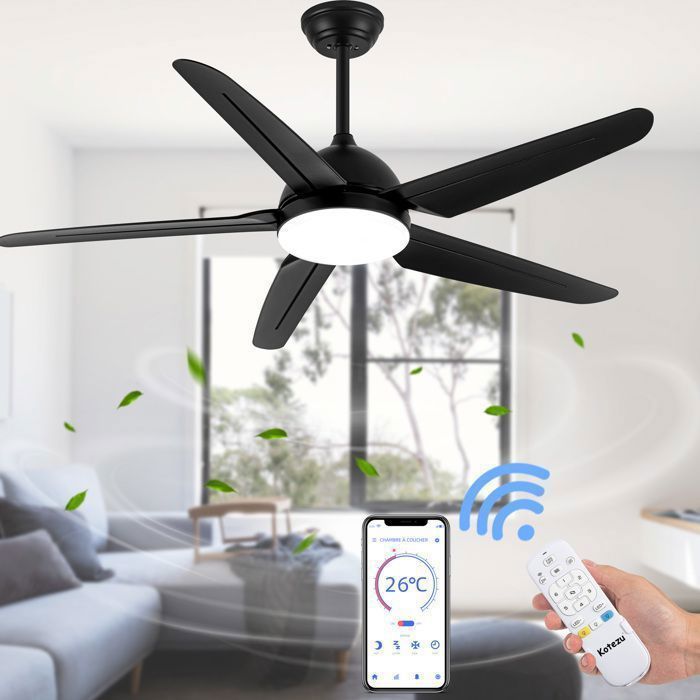 Ventilateur Plafond avec Lumiere Réversible, 52 Pouces avec Moteur à Courant Continu et Télécommande, Noir, 5 Pales, Salon Chambre