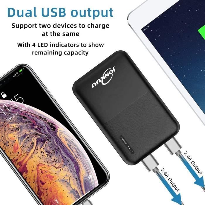 YOBON Mini Power Bank da 10000 mAh, batteria esterna portatile per cellulare con 2 porte di uscita da 2,4 A - Nero