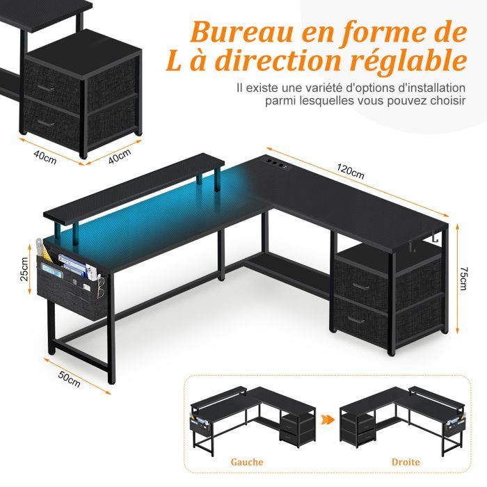 Bureau Gaming en Forme L-120x120x75CM-Bureau d'angle avec Étagères-Avec Support de Moniteur-2 USB+LED-3 Prises-2 Tiroirs-Noir