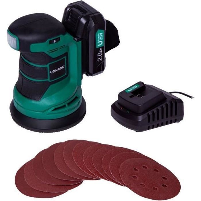Lijadora orbital aleatoria inalámbrica de 20 V - Ø125 mm - 1 batería de 2,0 Ah, cargador de batería, bolsa para el polvo y 12 hojas de lija.