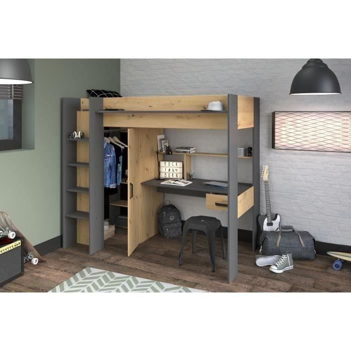 Cama alta infantil PARISOT HIGH - Roble y gris - Base de láminas incluida - 90 x 200 cm